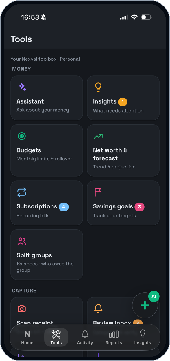 Nexval activity, transactions categorised automatically